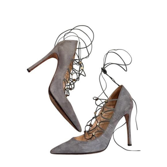 J4. Valentino Rock Stud Gray Suede Lace Up High Heel Pumps Pointed Toe - Picture 3 of 8
